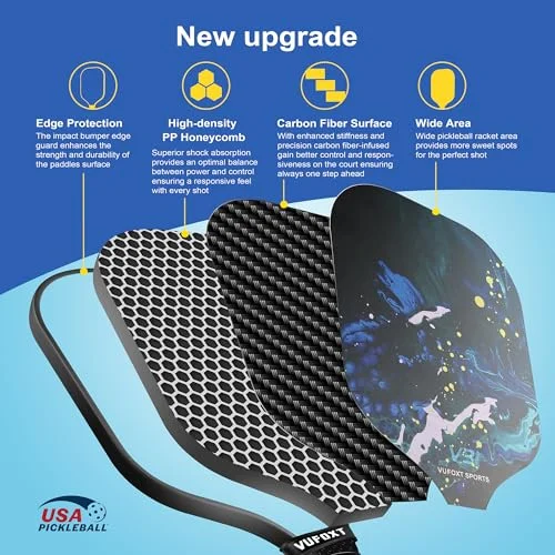 Pickleball Paddles Set of 4, USAPA Approved 99.99% Carbon Fiber Surface Pickleball Sets PP Honeycomb Core Pickleball Rackets, Lightweight Paddles with 4 Balls 1 Bag for Beginners Medium (Blue Waves) — view 3